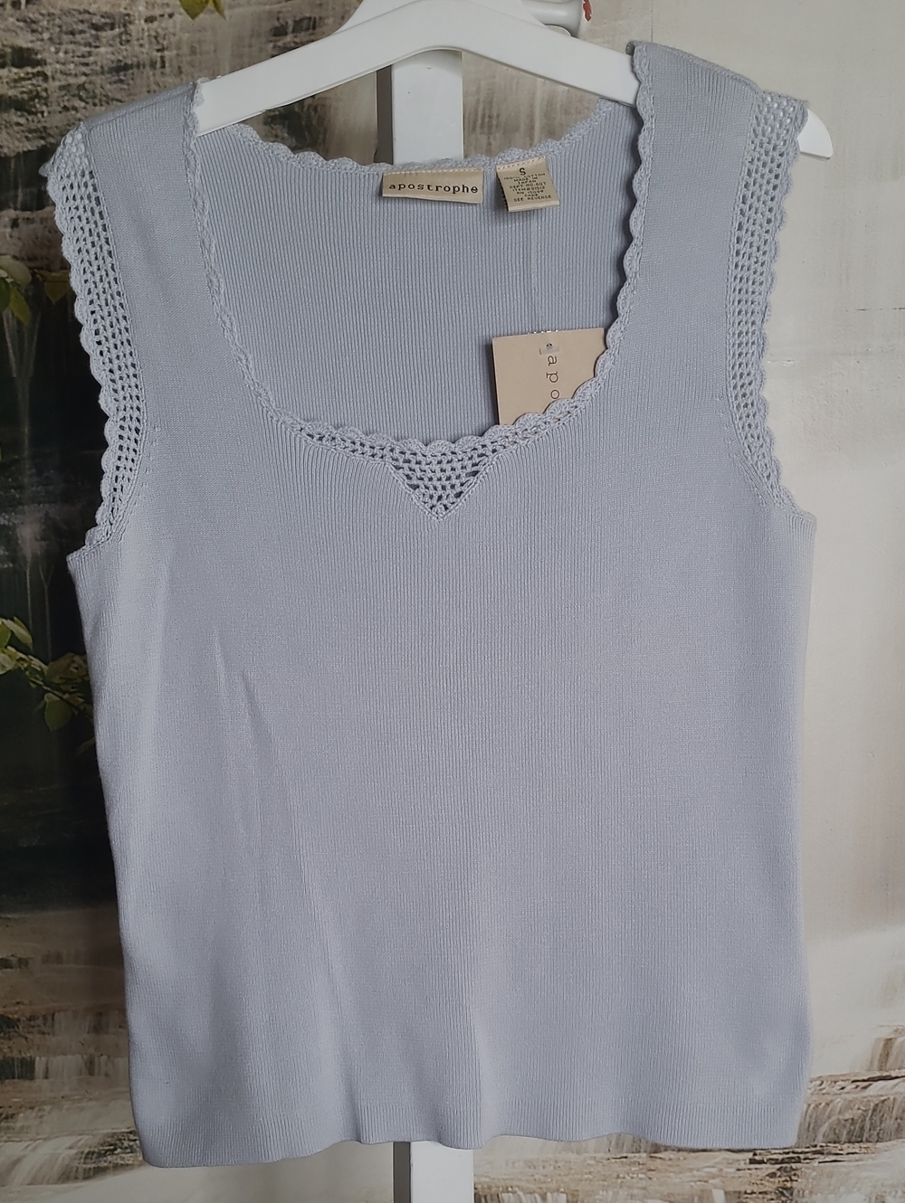 New! Apostrophe Womens Small Pale Blue Sleeveless Soft Knit Tank Crochet Trim